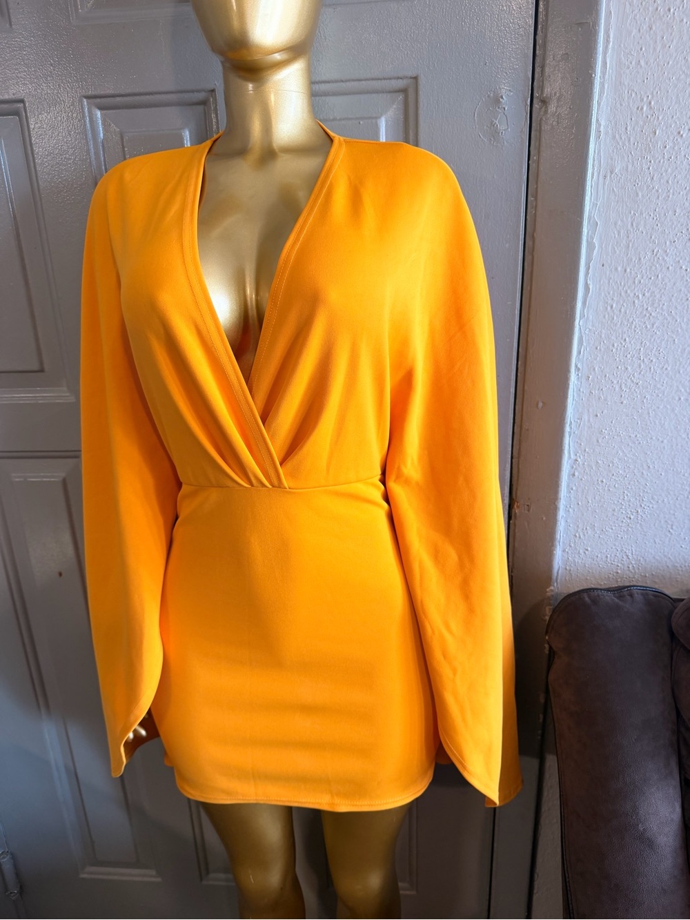 Vibrant Yellow Bodycon Cape Sleeve Dress - Picture 6 of 7